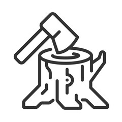 Deforestation linear icon. Tree stump and axe. Forest degradation and exploitation. Chopping wood. Logging industry. Thin line illustration. Contour symbol. Vector outline drawing. Editable stroke