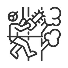 Tree trimming linear icon. Arborist worker with chainsaw. Professional trimming. Tree maintenance. Outdoor work. Thin line illustration. Contour symbol. Vector outline drawing. Editable stroke