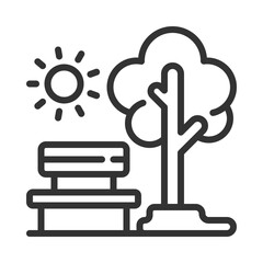 Green public spaces linear icon. Public park bench and tree. Outdoor recreation. Urban park. Nature landscape. Thin line illustration. Contour symbol. Vector outline drawing. Editable stroke