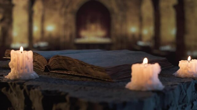 Scene from magical ritual: worn pages of ancient tome lit by warm candle flames, surrounded by stone walls and mystical shadows in old castle filled with fantasy atmosphere.
