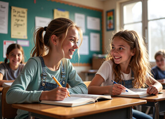 Obraz premium Two schoolgirls enjoying time together while doing homework and laughing during class.