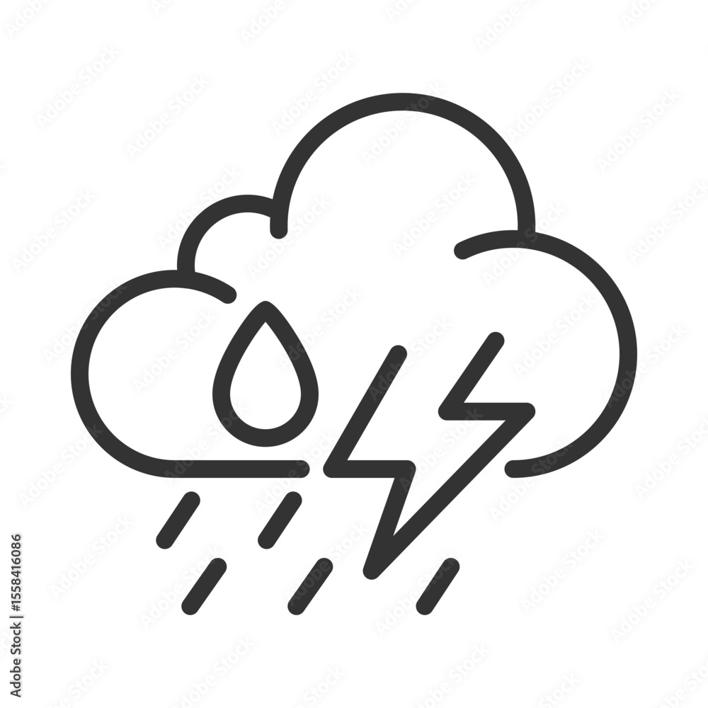 Poster storm linear icon. weather forecast. cloud with raindrops and lightning bolt. thunderstorm. severe w