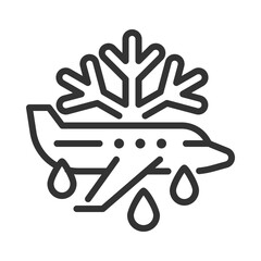 Obraz premium Aircraft deicing linear icon. Plane, snowflake and drops. Process of removing ice and snow from aircraft. Thin line illustration. Contour symbol. Vector outline drawing. Editable stroke