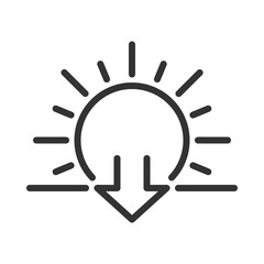 Sunset linear icon. Sun and downward arrow symbol. Evening time. Dusk. Transition from day to night. Thin line illustration. Contour symbol. Vector outline drawing. Editable stroke