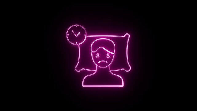 Glowing neon Insomnia icon animation with black background. HD animated outline sleeplessness and restless night symbol video loop