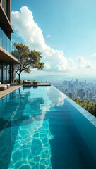 Luxurious infinity pool overlooking city skyline from modern hillside home with glass architecture.