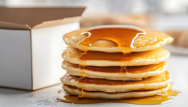 Stack of golden pancakes with syrup near empty white box on white background