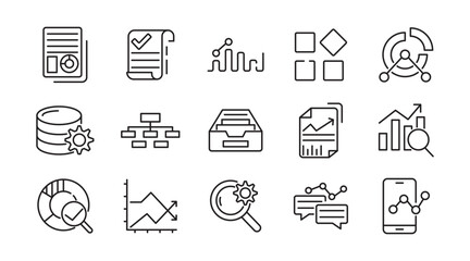 Analysis line icon set. Data analysis, startup, audit, collaboration, workflow, milestones, deadlines, planning, growth, NS, server, domain line icon set. Ui thin line icon pack.