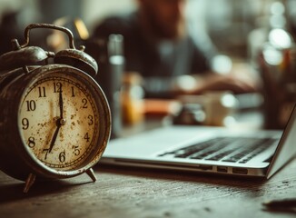 Vintage alarm clock showing 7 am on wooden desk with businessman working on laptop in background, concept of time management and deadline