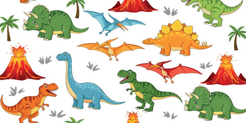 Dinosaur seamless pattern. Hand drawn vector dinosaurs with background view. Pattern with Tyrannosaurus Rex, Stegosaurus, Brachiosaurus, Triceratops, and Pterodactyl cartoons.