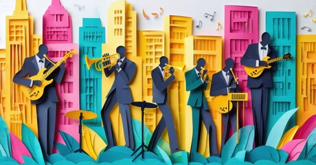 Paper cutouts depict jazz band performing before colorful city skyline. Vibrant hues create whimsical scene. Music notes float above musicians.