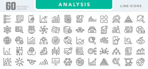Analysis line icon set. Data analysis, startup, audit, collaboration, workflow, milestones, deadlines, planning, growth, NS, server, domain line icon set. Ui thin line icon pack.