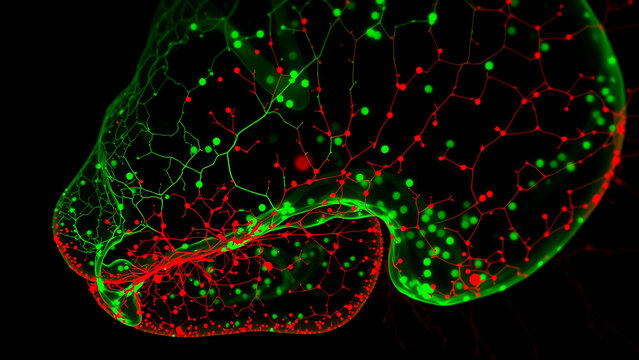 Time-lapse light microscopy (16:9) of migration of neural crest cells (fluorescent green) to form facial and cranial structures, with small plates (red) as landmarks -- steps 60 -- cfg 8 -- ar 16:9 - 