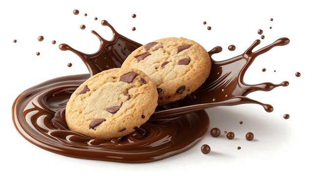 Two delicious chocolate chip cookies amidst a spilled splash of rich and decadent chocolate