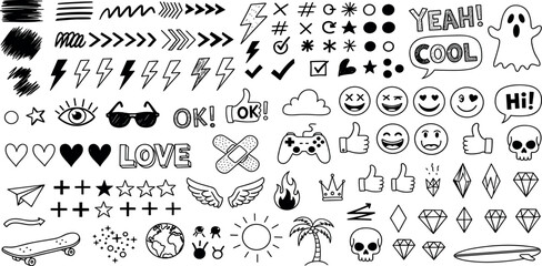 Grunge doodle vector icon set with hand-drawn arrows, symbols, faces, and decorative elements. Perfect for streetwear, stickers, and t-shirt design