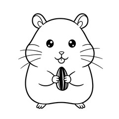 A cartoon hamster stands upright holding a sunflower seed, with large round eyes, tiny ears, and a small tongue peeking out.