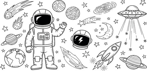 Hand-drawn space theme vector illustration set with UFOs, rockets, planets, stars, comets, and astronauts in a doodle art style