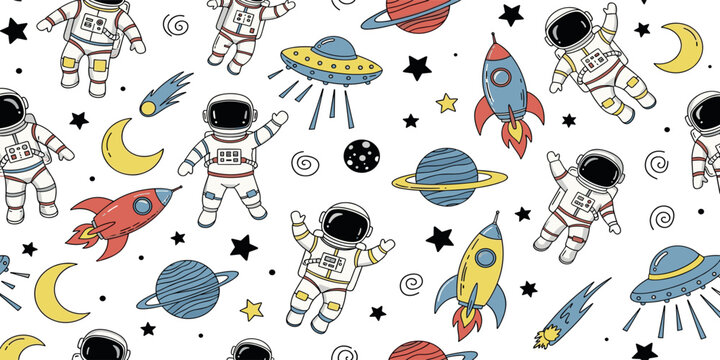 Hand-drawn space theme vector seamless pattern with UFOs, rockets, planets, stars, comets, and astronauts in a doodle art style