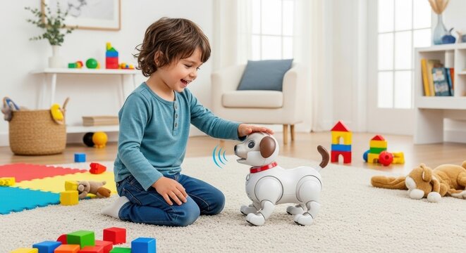 Caucasian child playing with robotic dog in bright playroom surrounded by toys - Powered by Adobe
