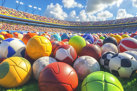 A vibrant collection of various sports balls scattered on the field in a lively stadium setting - Powered by Adobe