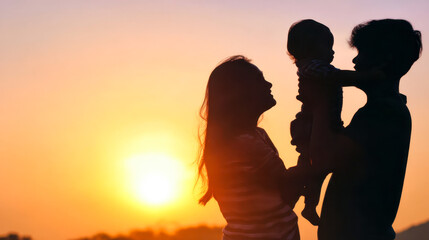 Fototapeta premium Cherished moments of joy among family during a vibrant sunset silhouette