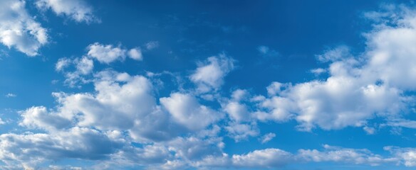 Naklejka premium The vibrant blue sky filled with soft, fluffy clouds on a sunny day.