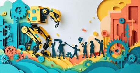 Papercraft scene depicts teamwork, innovation. Silhouettes collaborate near complex machinery, gears, vibrant colors. Future concepts visualized.