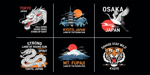 Fototapeta premium Japanese culture vector graphics. Dragon, pagoda, crane, tiger, Mount Fuji. Perfect for t-shirt designs, posters, stickers and other uses.