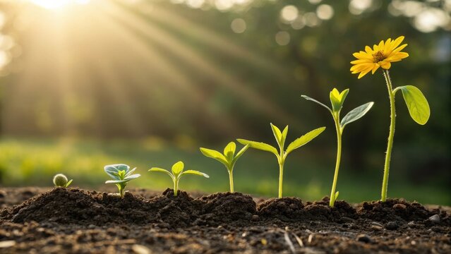 Five young plants in various stages of growth with a yellow flower seedling sprout