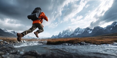The Hiker Leaping Across a Stream in a Dramatic Mountain Landscape