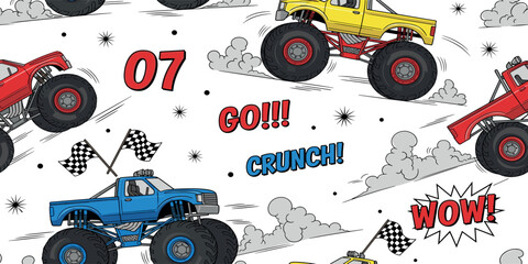 Monster trucks vector seamless pattern. For apparel prints and other uses