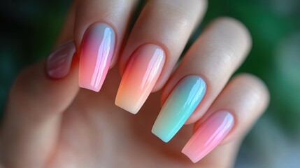 A close-up of a woman's nails painted in a soft pastel ombrÃ© design