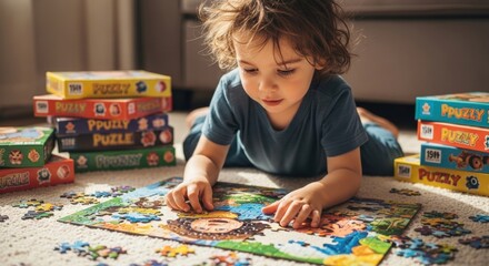 Caucasian young child enjoying a puzzle on the floor surrounded by colorful puzzle boxes