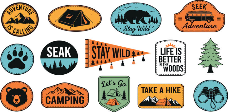 Outdoor adventure badge set featuring camping quotes and forest illustrations. Perfect for t-shirt designs, stickers, travel gear, or hiking-themed merchandise