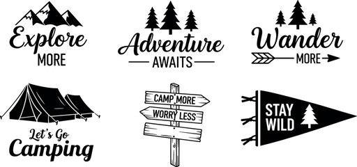 Outdoor adventure badge set with camping quotes and forest illustrations. Perfect for t-shirt designs, stickers, travel gear, or hiking-themed merchandise.