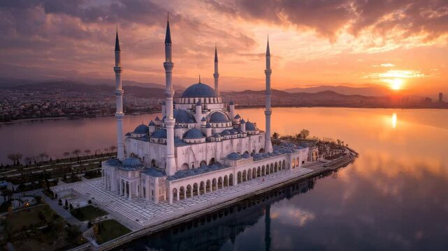 Grand mosque by the water during sunset
