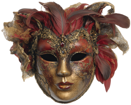 Red feather masquerade mask gold ornate detail, elegant carnival accessory, dramatic mysterious expression, isolated on transparency background, festive celebration style