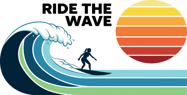 Retro surf vector graphic. Surfer silhouette riding a wave with a stylized sunset and Ride the Wave text
