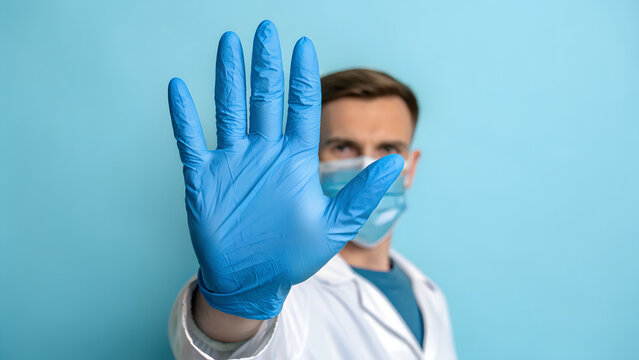 A doctor in a white coat and surgical mask holds up a gloved hand in a stop gesture against a blue background