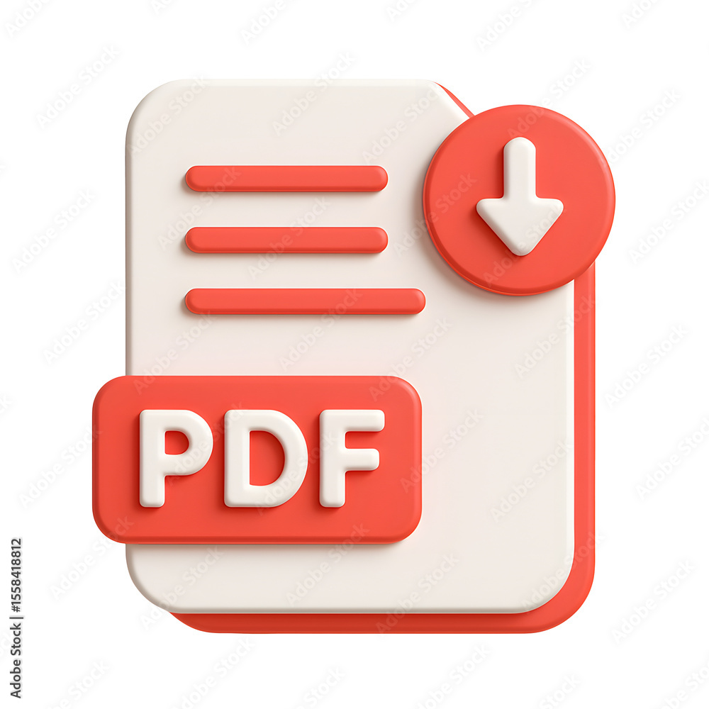 Fototapete 3d pdf file icon with red and white document, text lines and download arrow isolated on transparent background