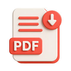 3d pdf file icon with red and white document, text lines and download arrow isolated on transparent background