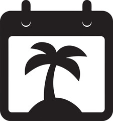 Silhouette icon of calendar with palm tree representing vacation planning, holiday schedule, and travel dates.