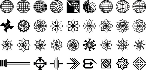 Retro-futuristic Y2K vector shape set with abstract icons, globes, stars, grids, and tech-inspired elements. Perfect for digital prints, posters, and streetwear graphics