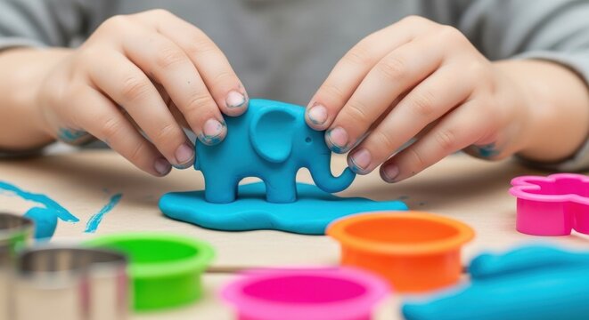 Child crafting blue elephant figure with colorful play-dough molds