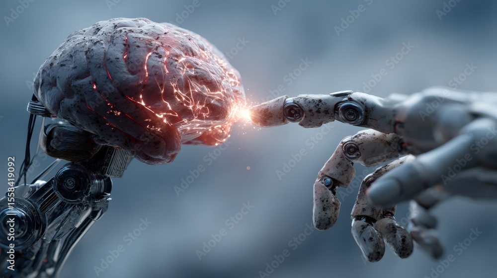 Poster Robotic hand touching human brain with glowing connection, symbolizing the fusion of artificial intelligence and human intellect