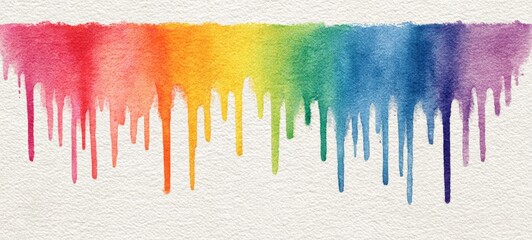Colorful rainbow color watercolor paint flowing down over white background banner panoramaic, wide panoprama long, dripping colorful liquid. Digital art