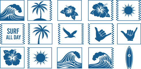 Seamless vector pattern featuring surf culture elements such as waves, palm trees, hibiscus flowers, suns, surfboards, shaka signs, and a surf van. Perfect for beach-themed designs and apparel