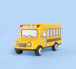 3d yellow school bus icon render. Children city public transport, autobus for kids transportation to educational institution, excursion. Cartoon schoolbus isolated on blue background. 3D illustration