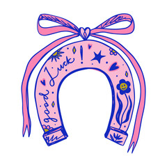 Cowgirl western art groovy boho hippie coquette aesthetic. Pink horseshoe with Lucky text lettering. Hand drawn line coloring art vector illustration clipart. Bohemian postmodern funky psychedelic