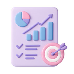 3D purple analytics chart with blue pie graph, bar chart, rising arrow, checklist, and pink target, business success concept, cartoon illustration, isolated on pure transparent background